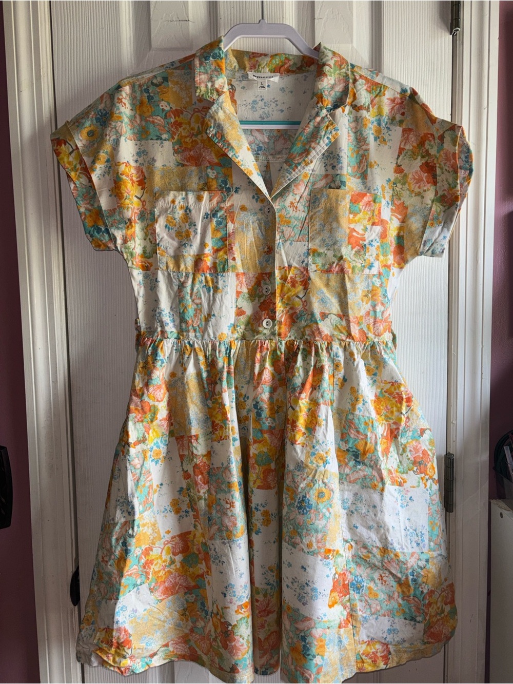 Vintage style A line, Floral Button-Front Casual Dress in Cream, Yellow & Orange